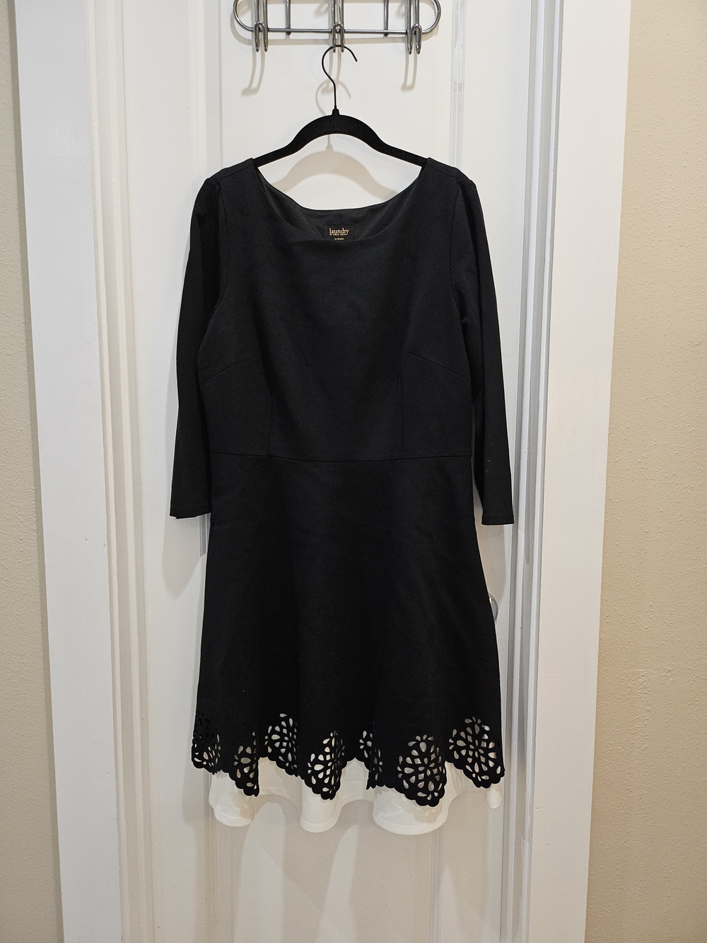 Black Laser-Cut Hem A-Line Dress with White Underlay